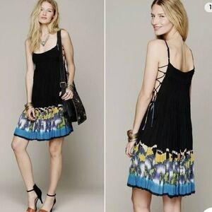 Free People FPOne Black Imperial Palm Pintuck Printed Side Tie Boho Sun Dress XS